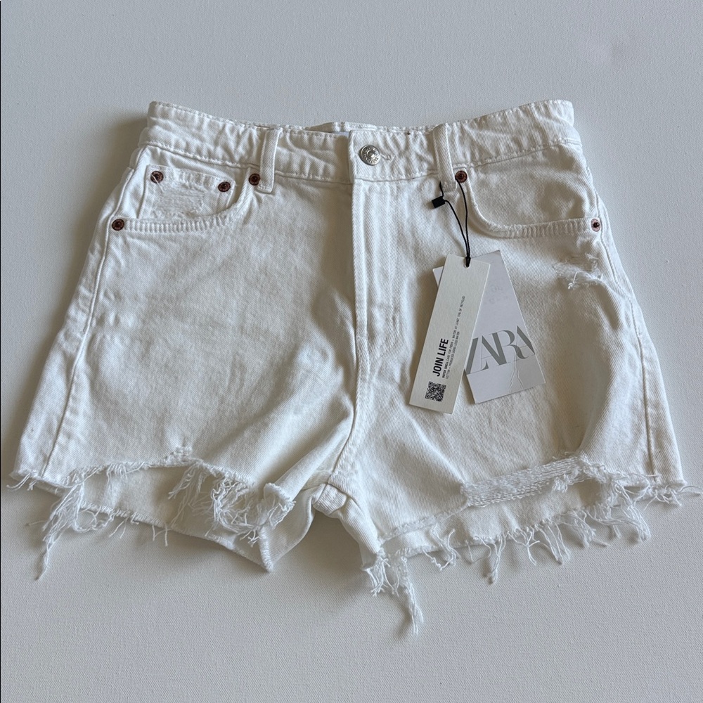 Zara Women's White Denim Distressed Shorts